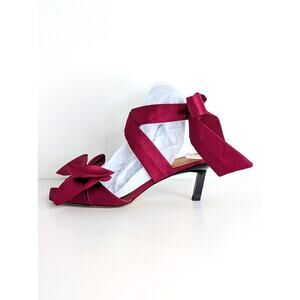 Ganni Bow Ankle Tie Heels 41 Magenta Open Toe Square Heel Ribbon Strap 10-10.5